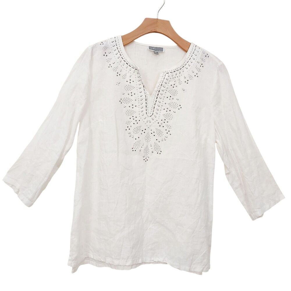 JM Collection Top Womens Petite Large White Linen Studded Resort Boho Coastal